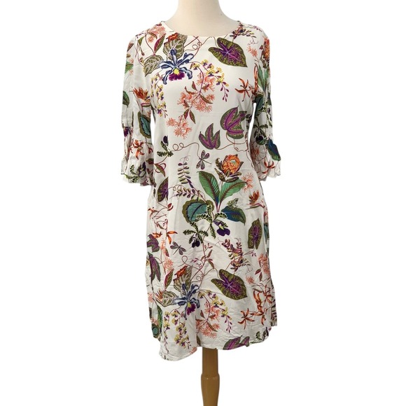 NWT H&M Women's 3/4 Ruffled Sleeve Dress White Multi Floral Botanical Size 6 - Picture 2 of 10